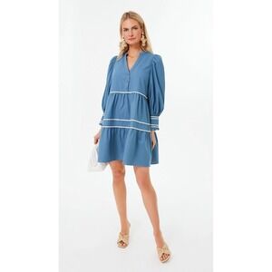 Pomander Place for Tuckernuck Blue‎ Tiered Abby Dress Ruffle White Trim Size XS